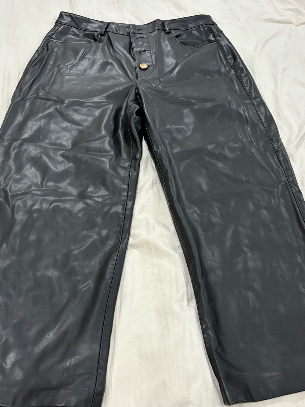 Zara Black Faux Leather Gold Button Straight Leg Pants XL